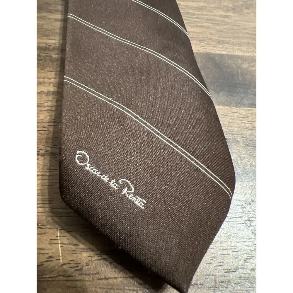 Vintage Oscar De La Renta Tie‎ Silk Blend Brown Stripes Mens Made In USA